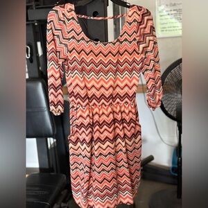 Red camel chevron design dress with pockets